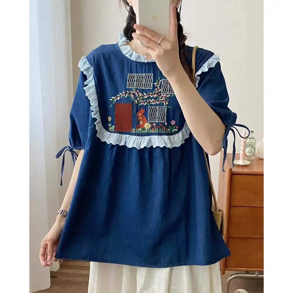 

Summer Japanese Sweet Mori Girl Cartoon Embroidery Denim Cotton Shirts Women Stand Collar Short Sleeve Pullover Denim Blouse Top