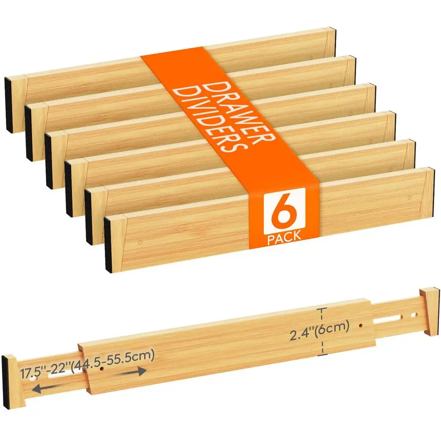 

Набор из 6 бамбуковых разделителей для ящиков 2.4 High, 45x55 см, 17.5x22 дюйма, регулируемый деревянный органайзер для ящиков для одежды и посуды, расширяемый ящик-органайзер