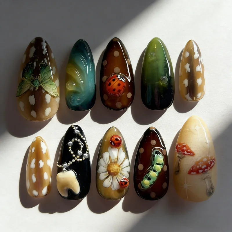 

24Pcs False Nails Forest Print Almond Shape Butterflies Mushrooms and Polka Dots Press-On Nails—Perfect As A Gift for Women