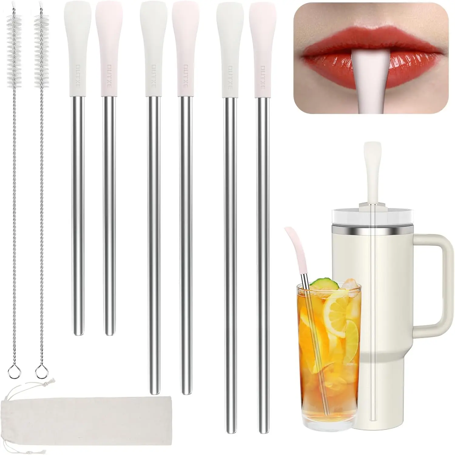 

6-Pack Anti-Wrinkle Stainless Steel Straws with Cleaning Brush and Bag, Fits Stanley Cups