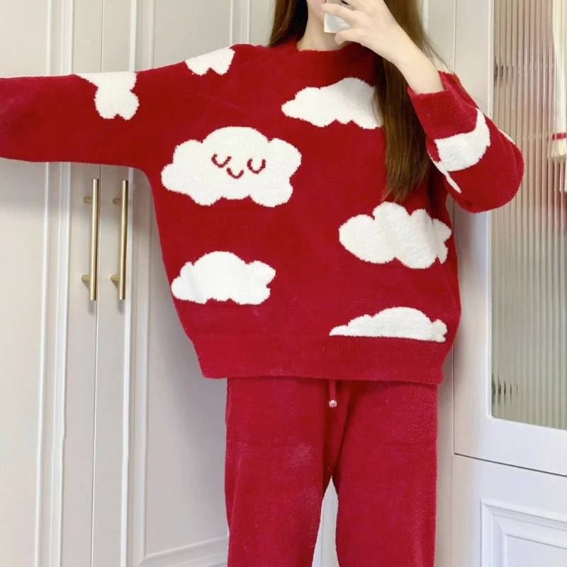 The Year of The Red Knit Explosive Nightwear Female Autumn and Winter 2024 New Korean Cashmere Long-sleeved Home Suit