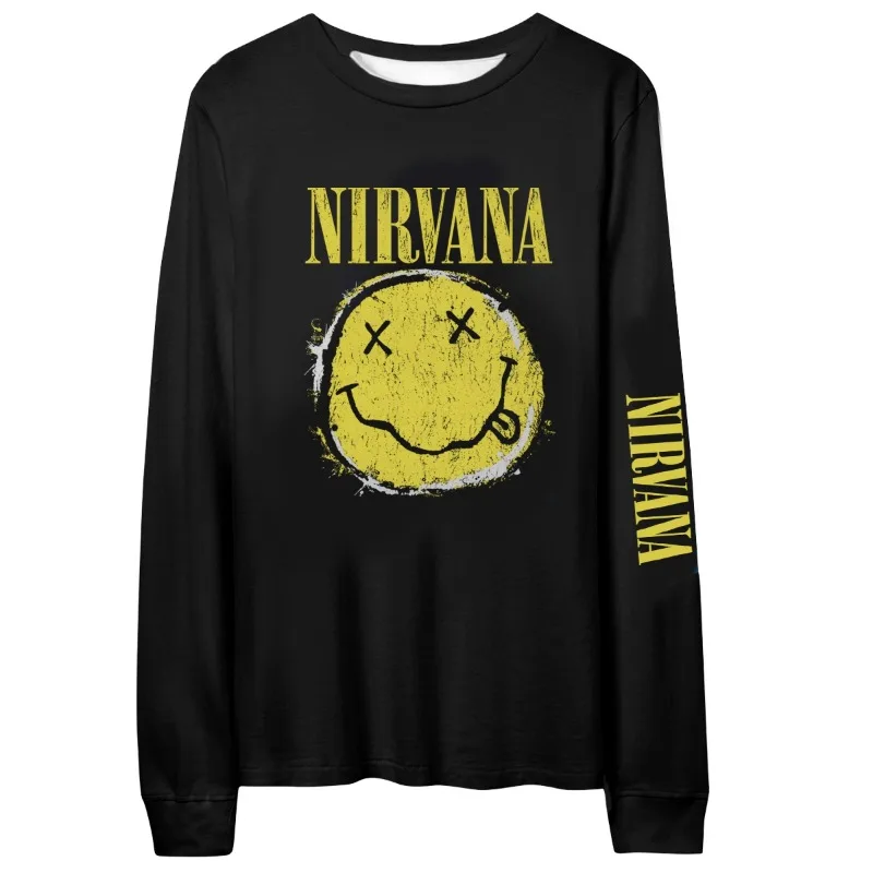 جديد الخريف والشتاء ثلاثية الأبعاد مطبوعة نيرفانا الفرقة كوبين روك وجه مبتسم ابتسامة الرجعية المطبوعة العصرية قمة الموضة قميص طويل الأكمام