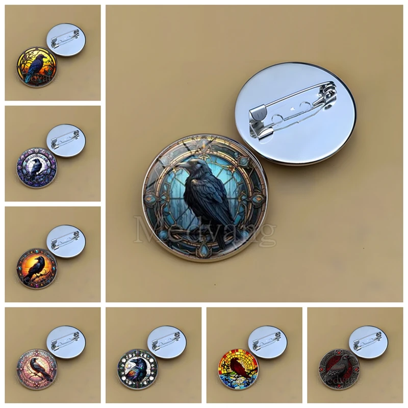 Black Crow Pattern Brooch Black Crow Photo Glass Dome Badge Pin Jewelry Clothes Backpack Accessory