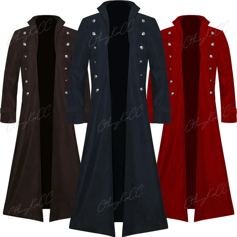 Medieval Renaissance Men Long Coat Trench Cosplay Costume Middle Ages Retro Court Nobles Clothes Black Red Brown Jacket S-2XL