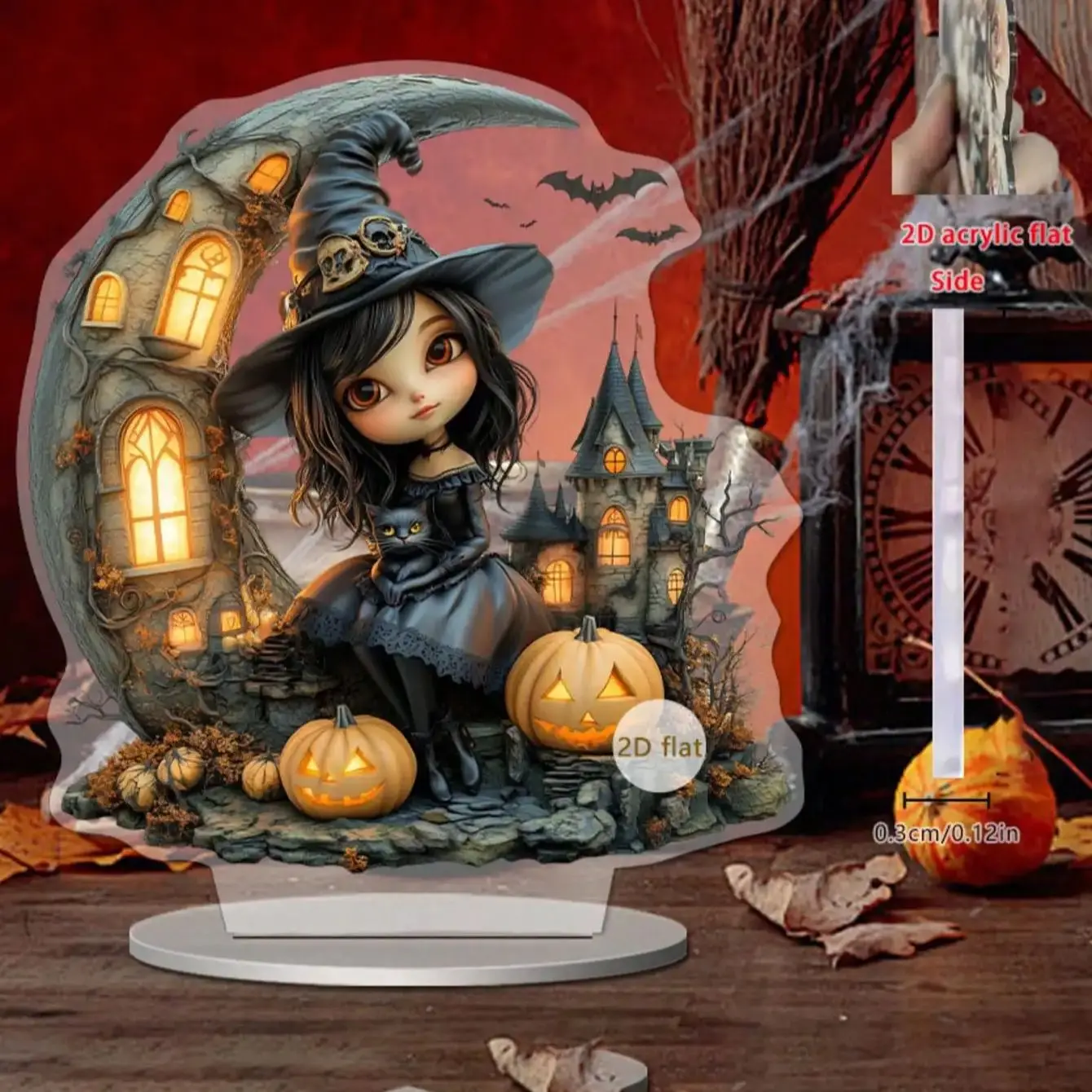 قطعة واحدة من قلعة بيت اليقطين للهالوين وساحرة كرتونية لتزيين غرفة الخفافيش على شكل قطة سوداء. إنها هدية تزيين المنزل لشخص