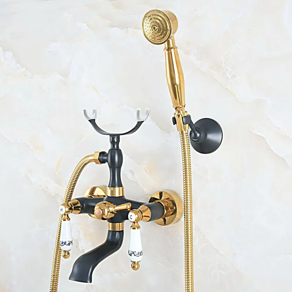 Oil Rubbed & Gold Brass Two Handle Wall Mounted Bathroom Bath Tub Faucet Set with 150CM Hand Held Shower Spray Mixer Tap 2na570