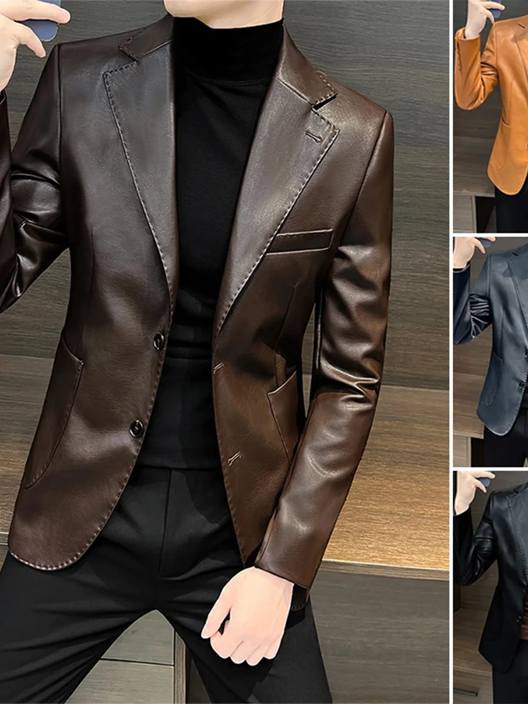 

Sli Slim Fit PU Leather Jaet Men's Faionable Tuxedo Collar Biker Coat High-End Feel Autumn Winter Youth Long Sve