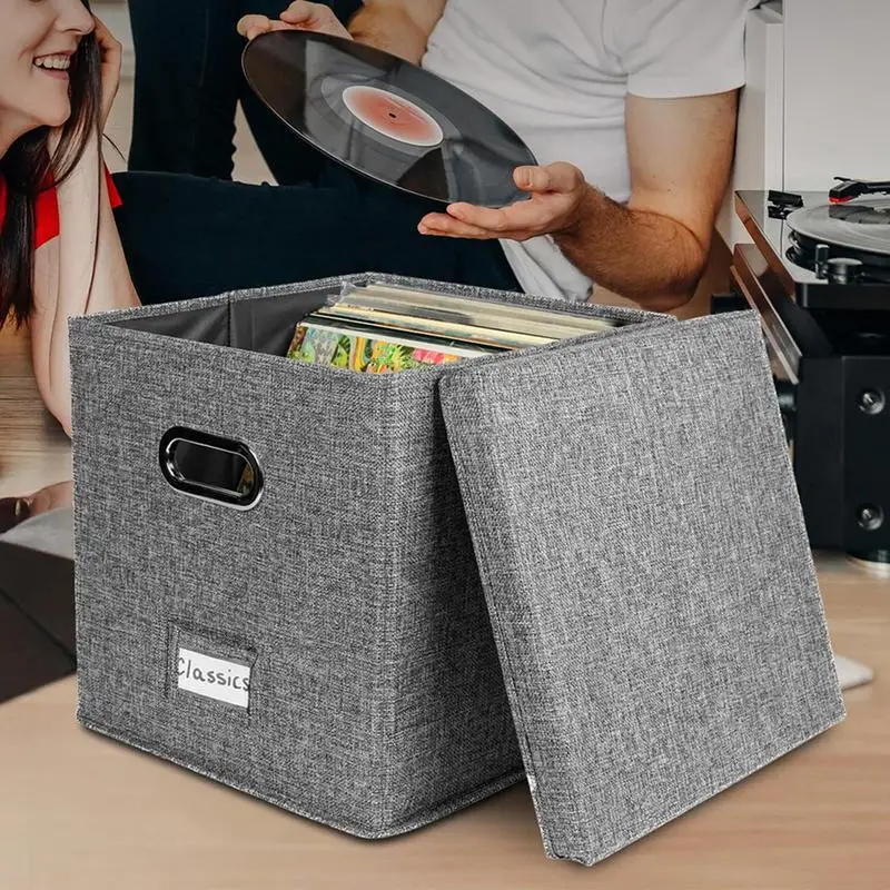 13 Inch Foldable Organizer Large Capacity Vinyl Record Storage Box with Lid Cotton Linen Home Closet Multi-functional Organizer