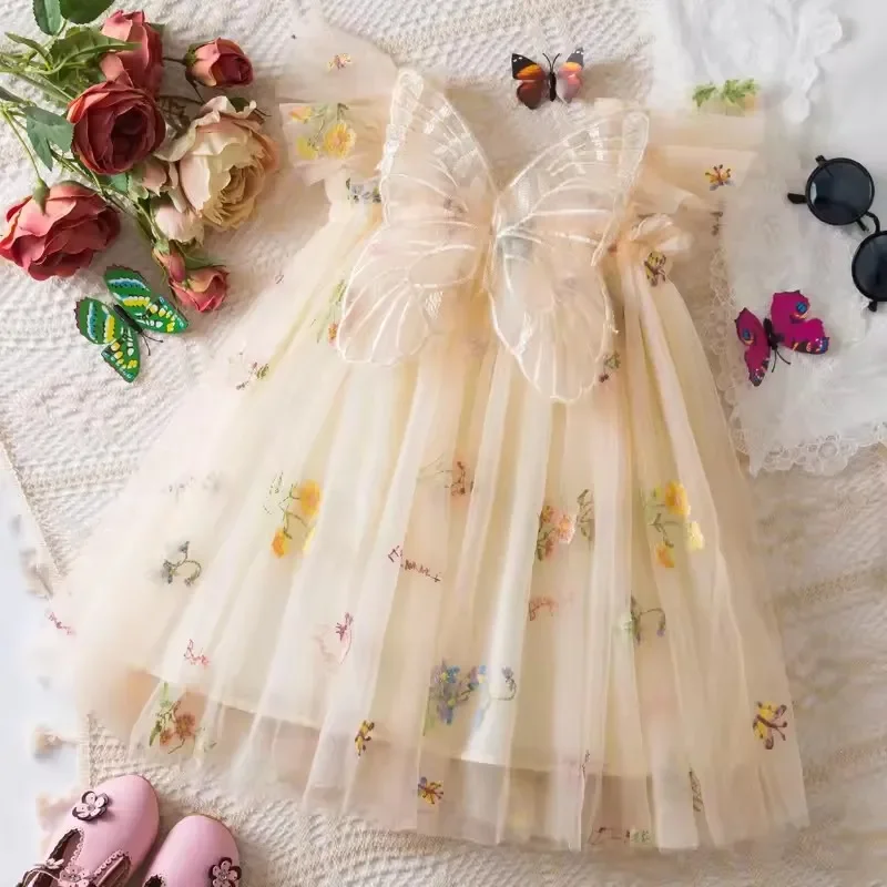 

Ruffles Mesh Summer Dress for Girls' 1-5Y Baby Backless Embroidery Clothes Kids Birthday Princess Dress Flying Sleeves Vestidos