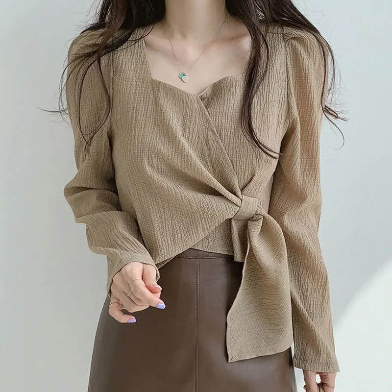 Women\'s Spring Fashion Simplicity Solid Color Square Collar Long Sleeve Shirts Women Clothes Elegant Temperament Casual Tops