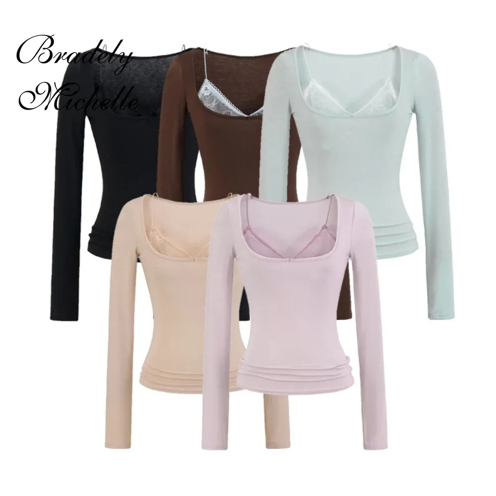 

Lace Splicing Fake Two-piece Square Collar Long Sleeved Top Fashion Stretch Women Tops Sexy Pullover Bottoming Blouses T-shirt