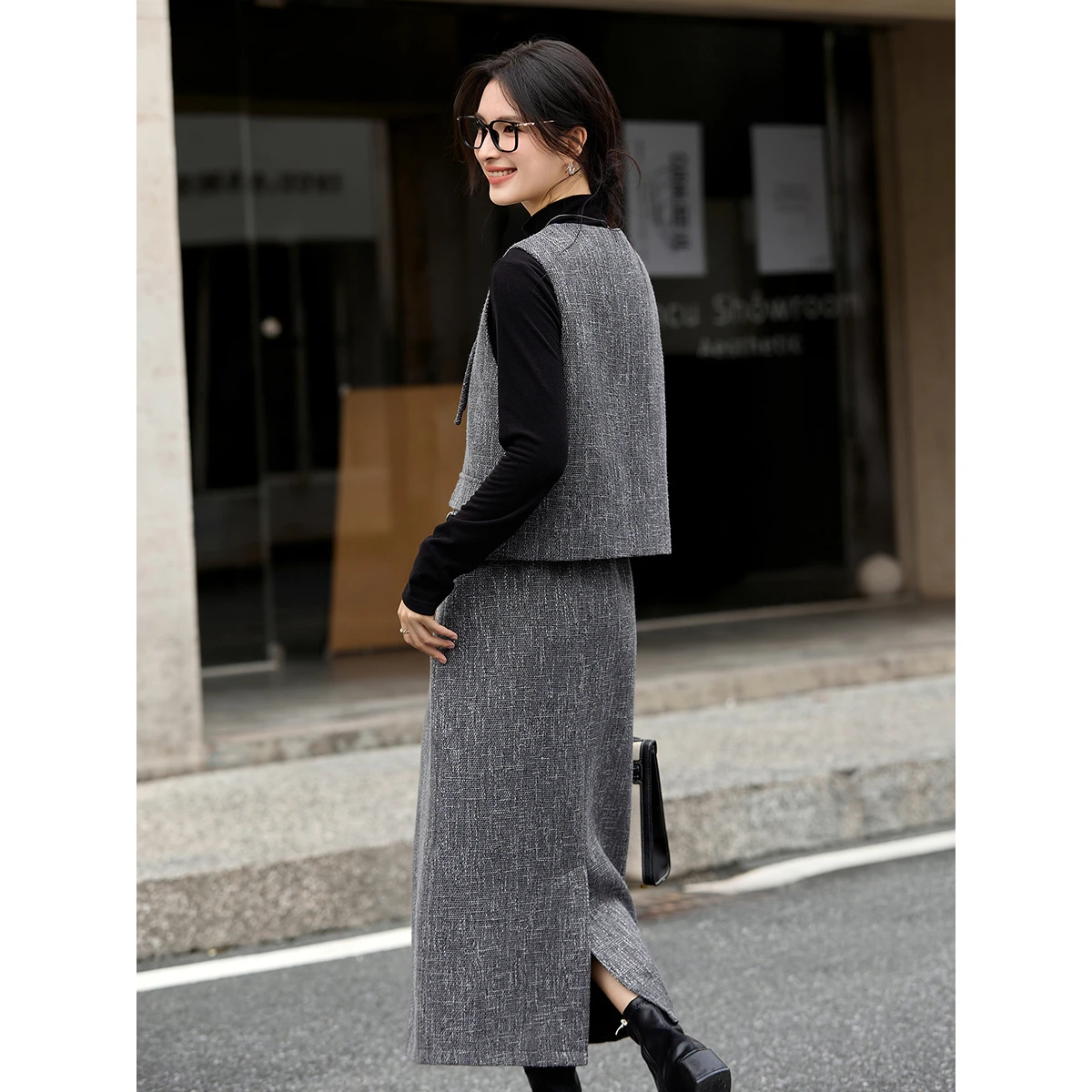 Vimly Women's Tweed Suit Set 2025 autumn new O-Neck vest & A-line Long Skirt office lady commuter elegant Two Piece Outfit