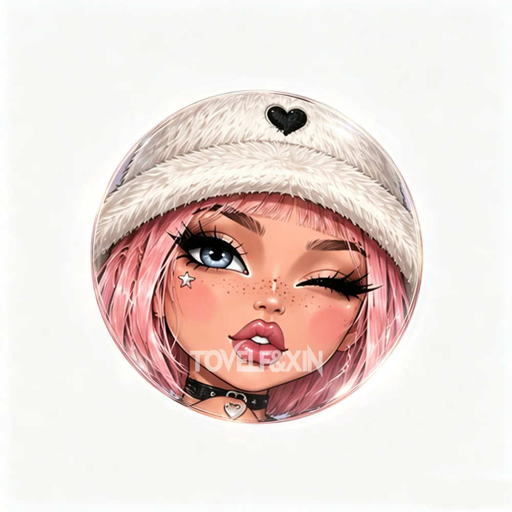 10Pcs Mixed Y2K Cartoon Girl Face Round Glass Cabochons Flatback Dome Photo Cameo Charms DIY Keychain Magnet Jewelry Making