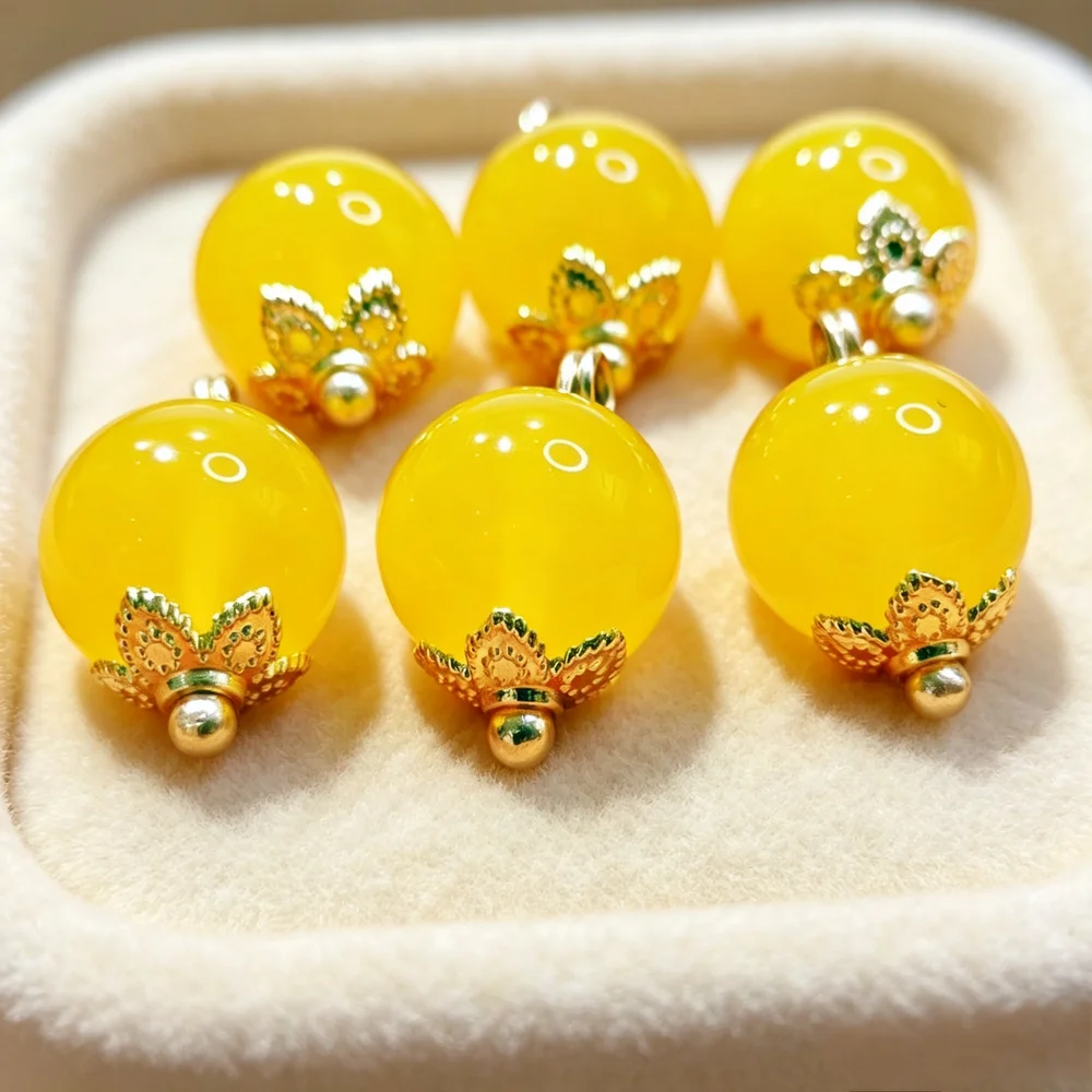 Natural Yellow Jade Ball Buttons with Floral Metal Setting – Translucent Gemstone Spheres for Luxury Garments & Bespoke Projects