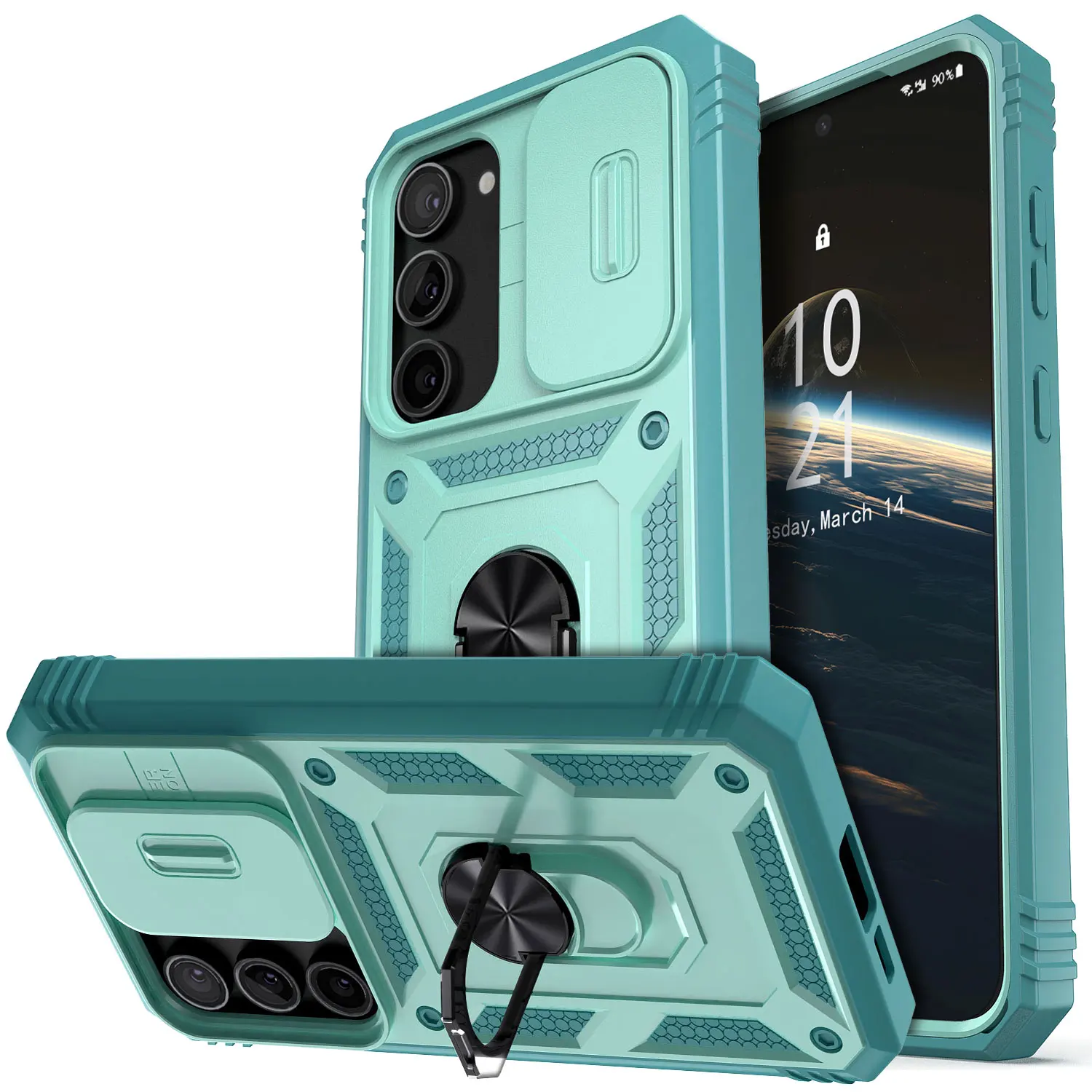 For Samsung Galaxy S23/S23+/S23 Ultra/S23 FE 5G Phone Case Hybrid Ring Kickstand Card Slot Camera Protect Cover Teal Green