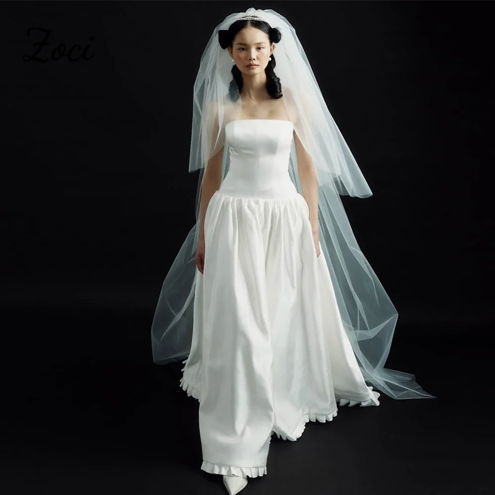 

Zoci Dropped A Line Vintage Korea Wedding Dresses Photos Shoot Customized Strapless Taffeta Ruffles Satin Bride Wedding Gowns