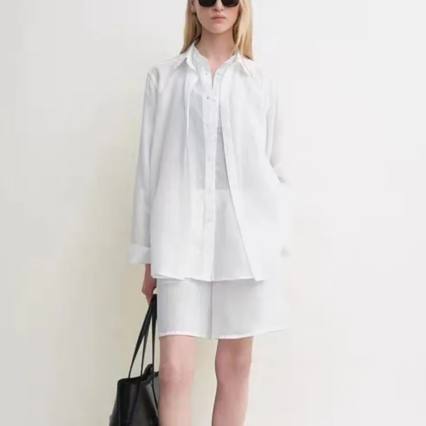 

Dave&di Minimalist And Translucent Fake Two Piece Ramie Layered Double Neck Shirt With A Niche Design Sense