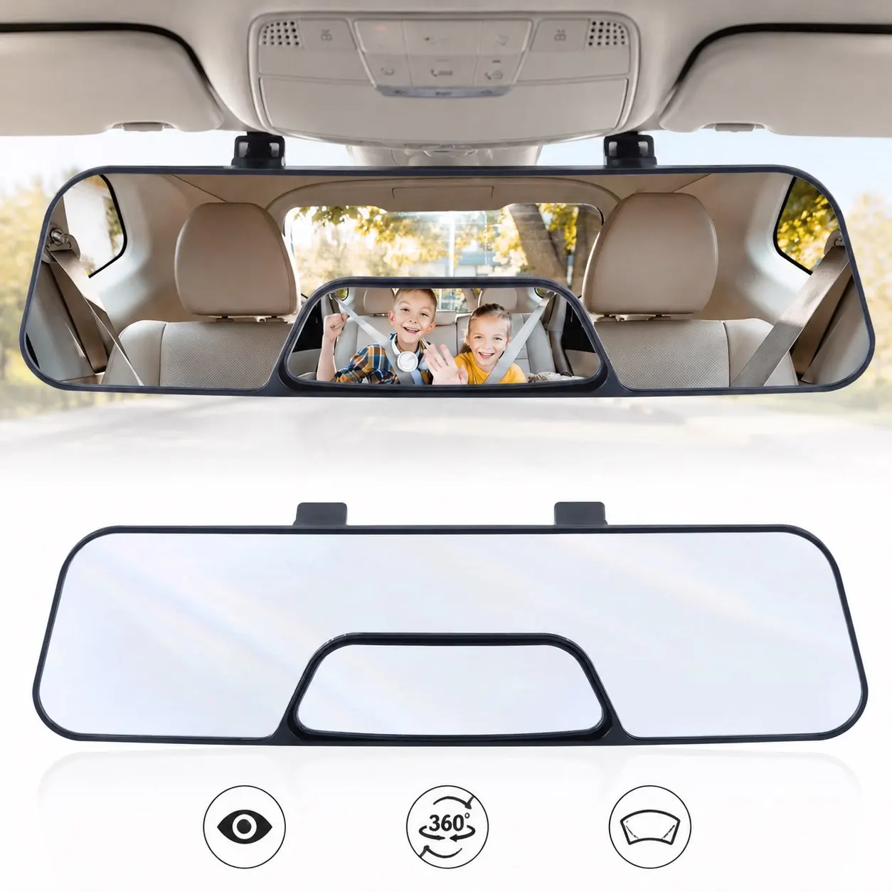 New Wide Angle Car Rearview Mirror with Built-In Baby Monitor Sub Mirror Clip-On Convex Blind Spot Elimination Interior Mirror