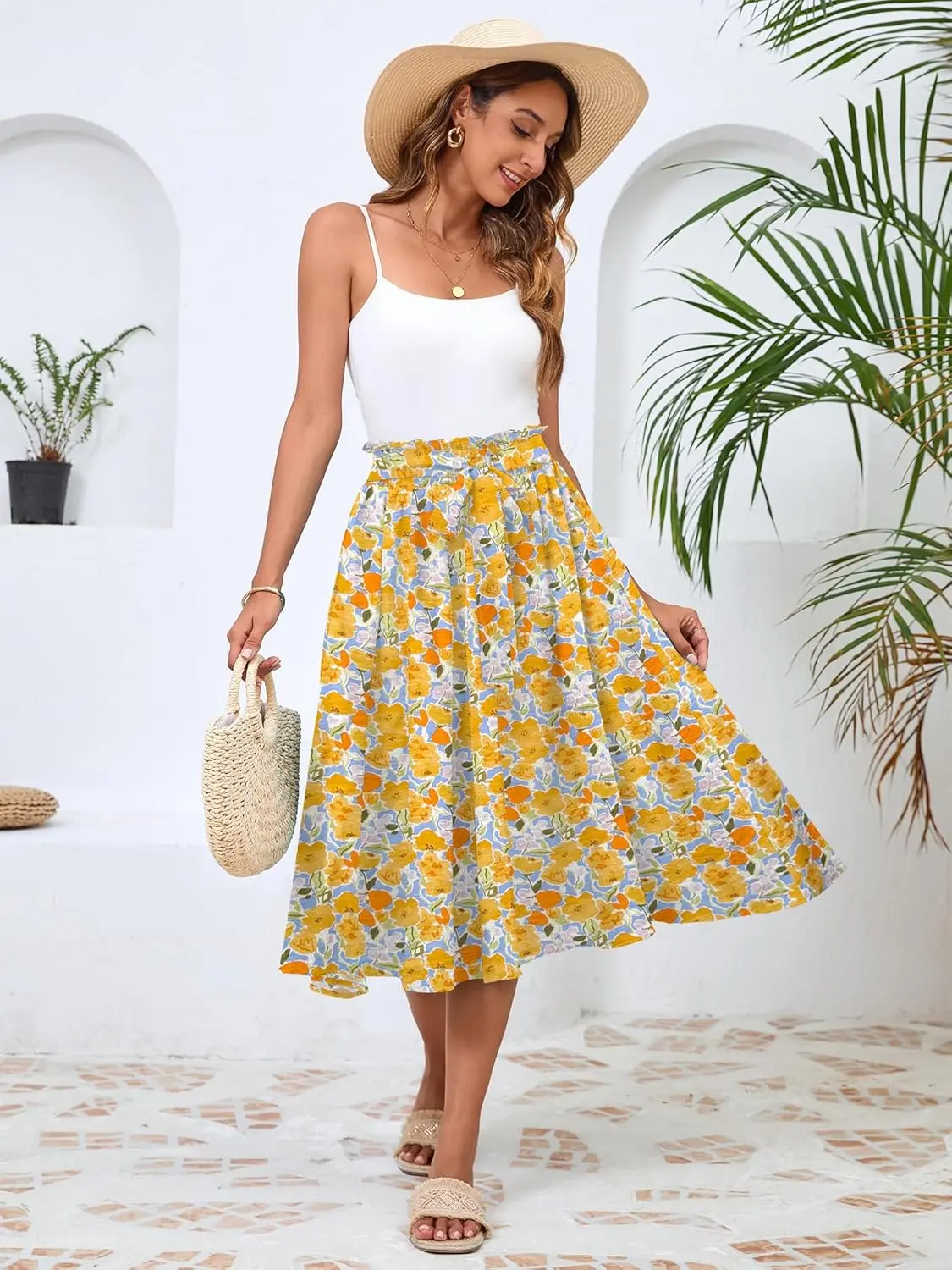 Luxy Trio Gonne midi a pieghe a vita alta elastiche da donna Gonna a trapezio floreale taglie forti Gonna lunga con stampa floreale