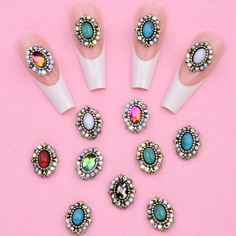 10pcs Retro Nail Rhinestone Charms Antique 3d Crystal Oval Pearl Gemstone Alloy Nail Jewelry for Nail Decorations Designs