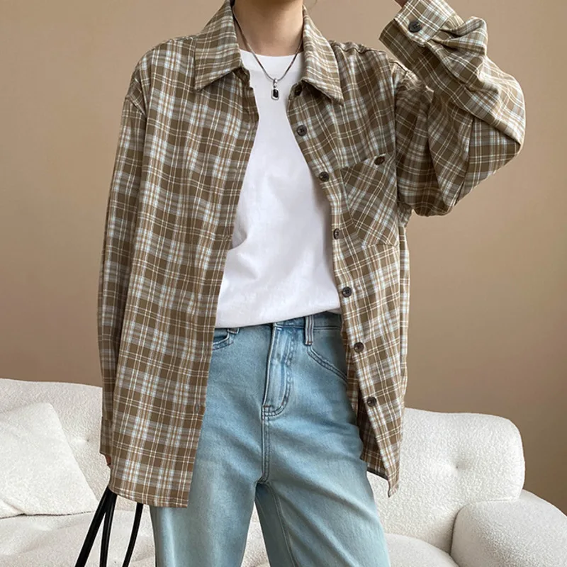 HKSH 春秋の新女性シャツコントラストカラーチェック柄デザインターンダウン襟長袖ポケット Y2K トレンディカジュアルトップ HK11027