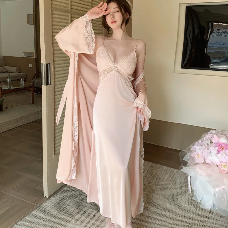

Twinset Lace Robe Gown Set Women Kimono Bathrobe Suit Spring Summer Silky Satin Nightgown Sleepwear Home Dress Loungewear