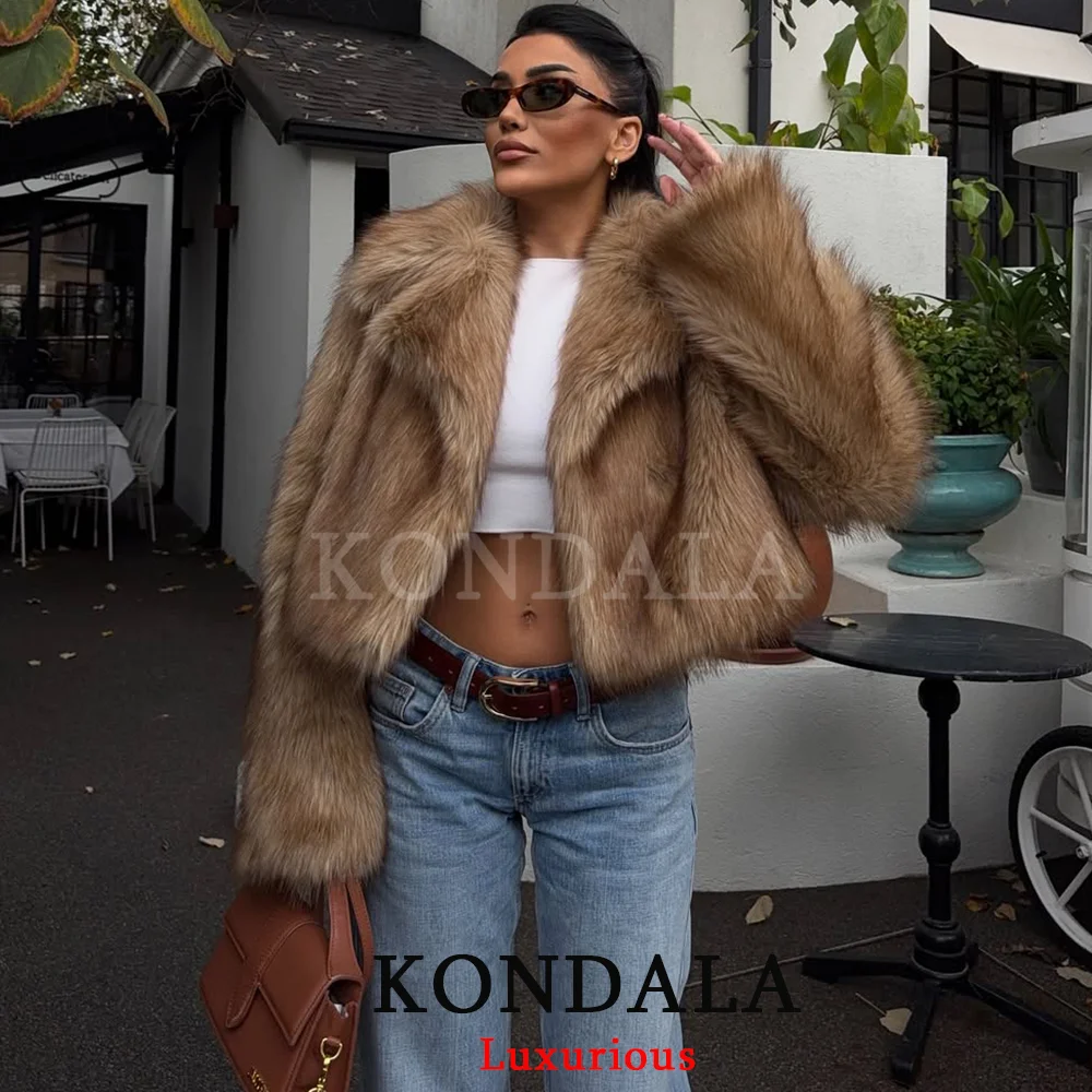 

KONDALA Chic Tie Dye Коричневые пальто из искусственного меха Мода 2025 Осень Зима Толстые теплые куртки Уличная одежда Короткие пальто Верхняя одежда с карманами