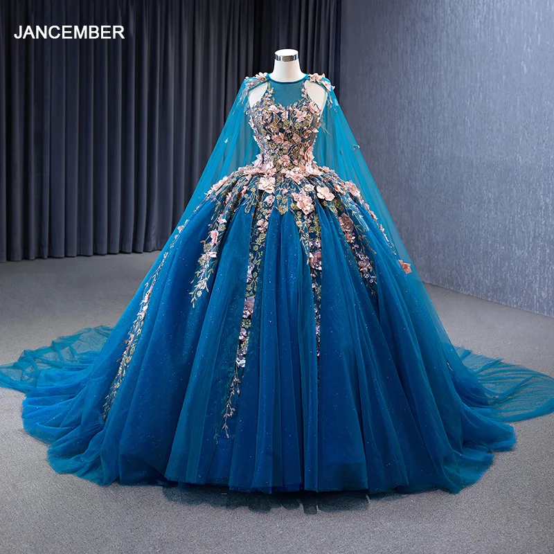 Lindo vestido Quinceanera gola alta com flores, vestido de baile, azul, 15 anos, 2023