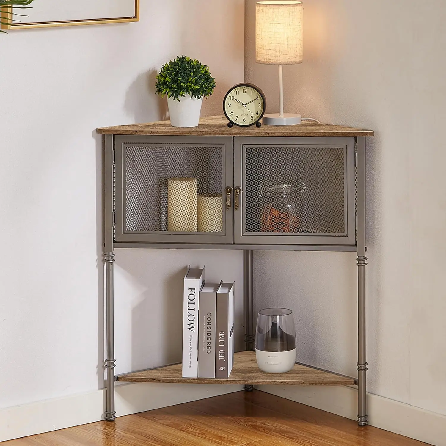 

3-Tier Corner Cabinet with Door, Metal Frame Storage Shelf for Small Spaces in Living Room Kitchen Bathroom