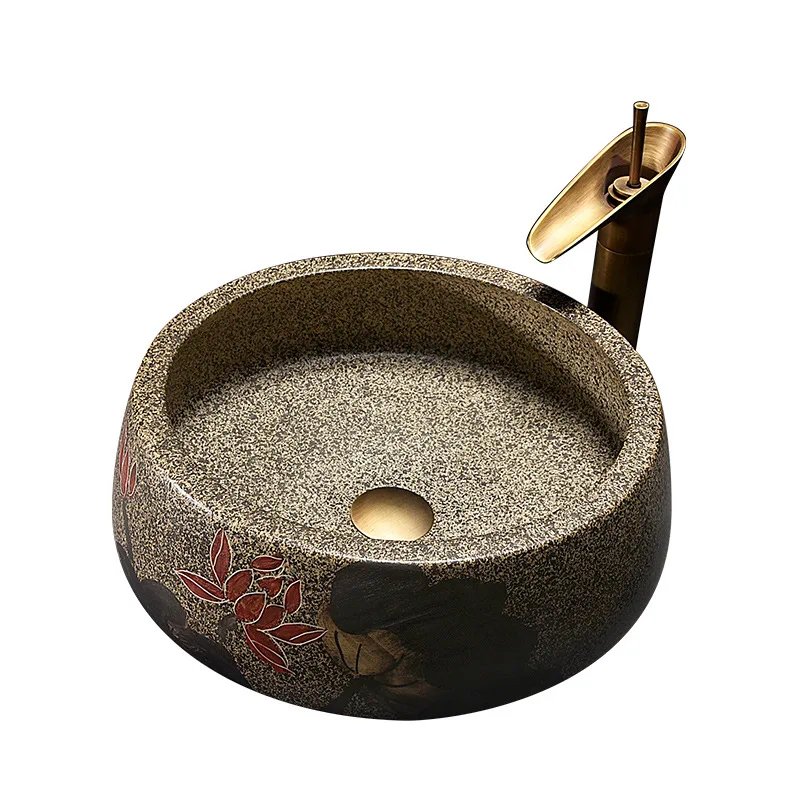 

Retro wash basin, upper retro ceramic wash bathroom art basin, round household art wash basin.