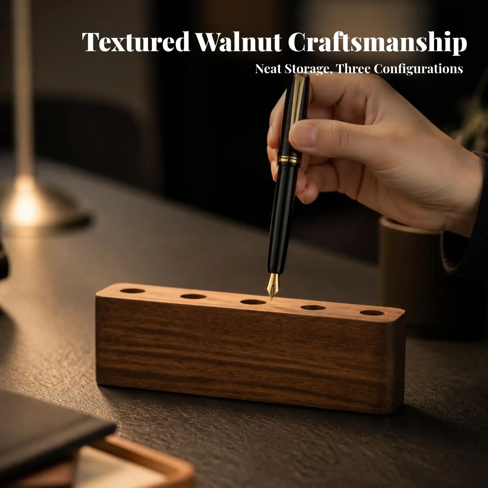 Walnut-Toned Writing Pen Holder | Solid Wood Construction, Pen Stand, Smooth