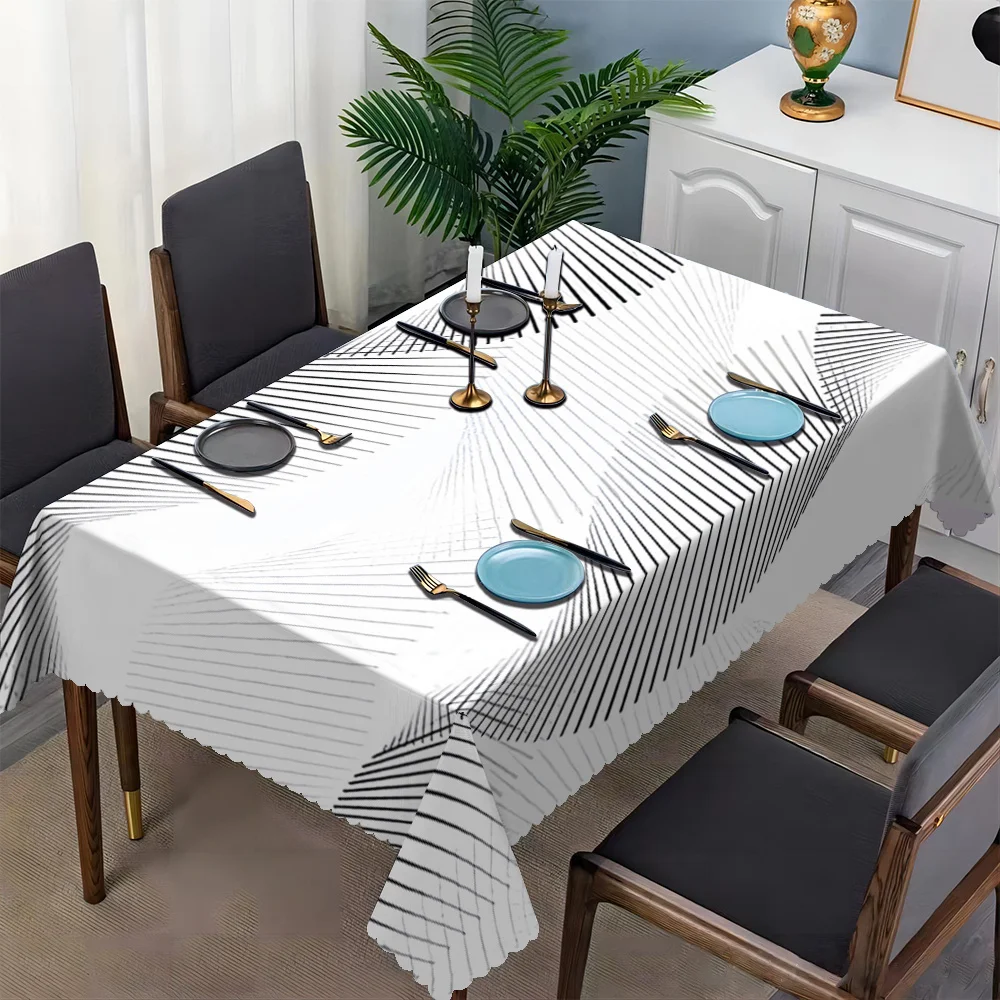 Beautiful artistic grey geometric line texture printed rectangular tablecloth, with fan-shaped edges made of polyester fiber.