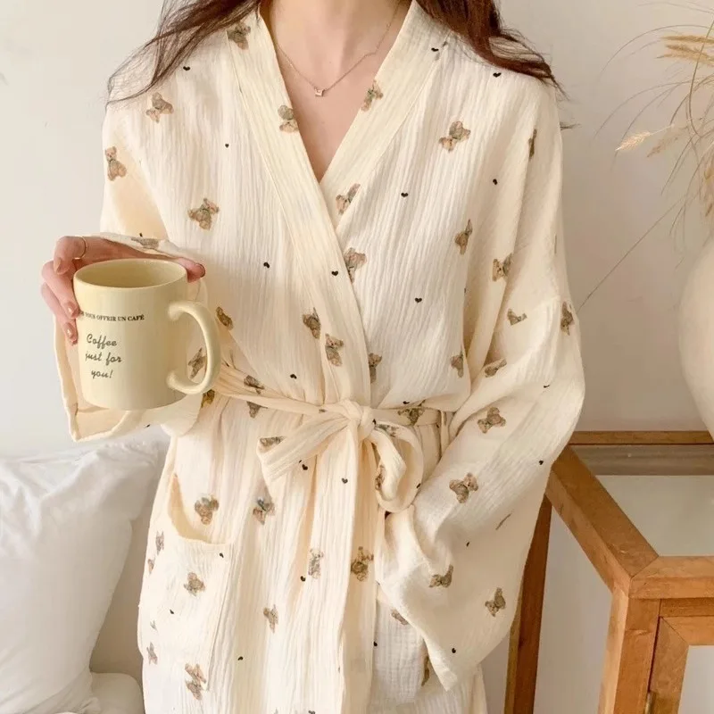 

Sleeping Robe Women Spring and Fall New Japanese Ins Style Cute Bathrobe Bear Long-Sleeved Casual Princess Style Home Clothing