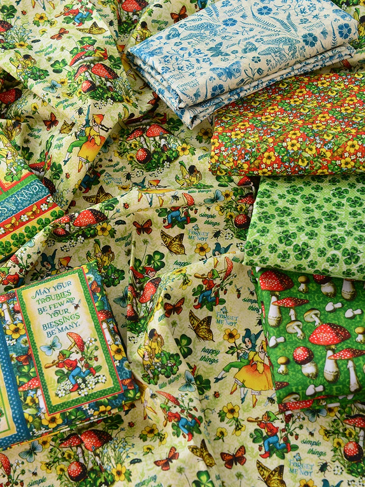 New listing Cartoon Mushroom Elf Four Leaf Clover Cotton Fabric for Sewing DIY Handmade Clothes by Half Meter
