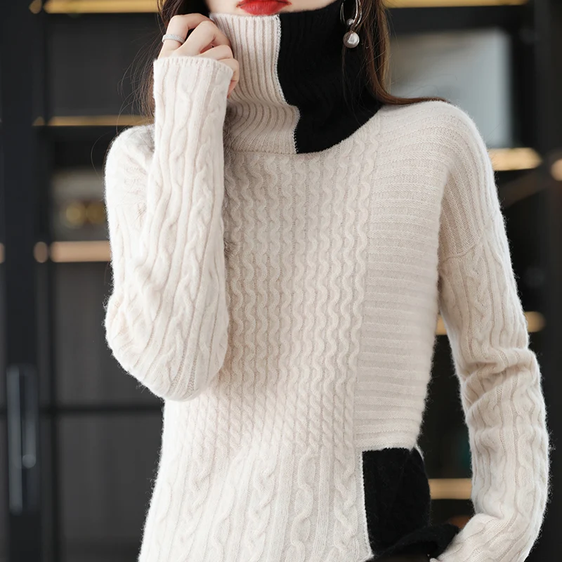 Autumn Winter New 100% Pure Wool Sweater Women's Turtleneck Pullover Drop Shoulder Loose Stitching Match Knitted Bottoming Shirt