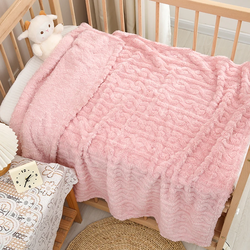 1 Coral Fleece Blanket for Babies and Children - Ultra-Soft Striped Warm Parabolic Design, All-Season Bedding, Suitable for Naptime in Nurseries, for Infants, Toddlers, and Teenagers (White/Pink/Blue), a Must-Have for Cozy Bedrooms, Soft Solid-Colored Fabric, a Comfortable Sleep Companion, Flannel Single Air-Conditioning Quilt