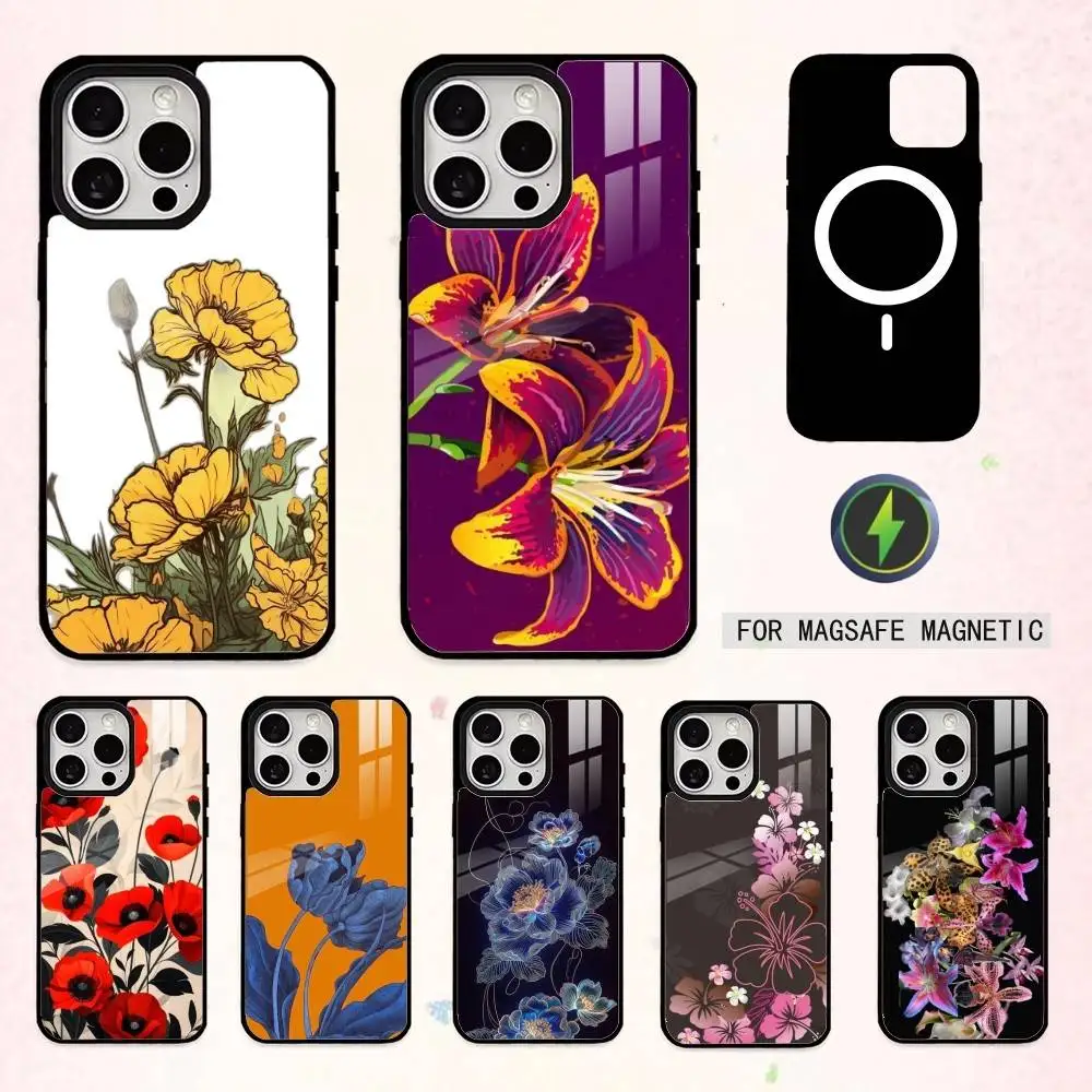 

Иллюстрация цветов и растений Чехол для телефона для iPhone 17,16,15,14,13,12,11 Plus, Pro Max Магнитный чехол для беспроводной зарядки Magsafe
