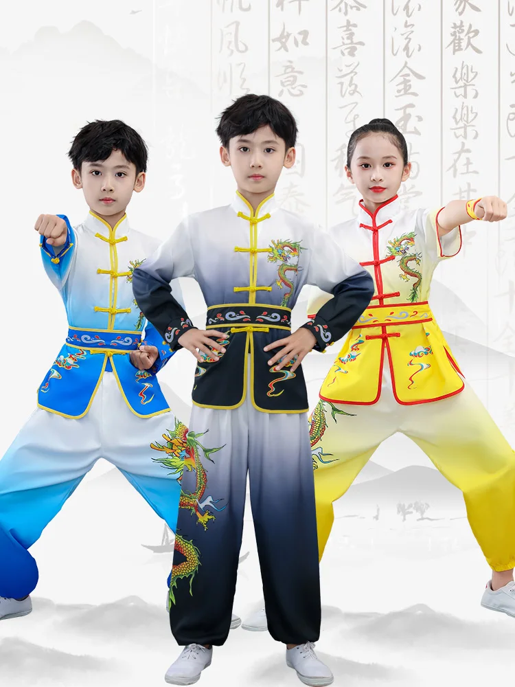 Conjunto de roupas Kungfu vintage para crianças, tai chi wushu, terno de artes marciais, uniforme kung fu, wing chun dragão Shaolin print, chinês, 2024