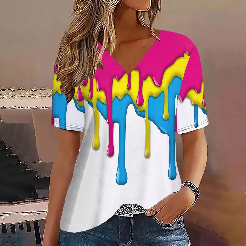 Watercolor Print Womens T-Shirt 3D V Neck Short Sleeve Tee Loose Casual Fashion T Shirt Women Streetwear Hip-Hop Ladies Clothing