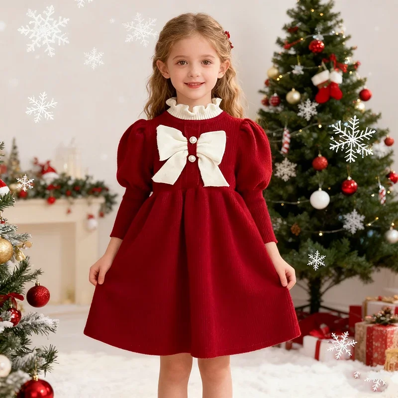 الخريف الفتيات الطفل كشكش محبوك الأميرة سترة فستان عيد الميلاد القوس فستان أحمر الفتيات الحياكة فستان بكم طويل ملابس كاجوال #3
