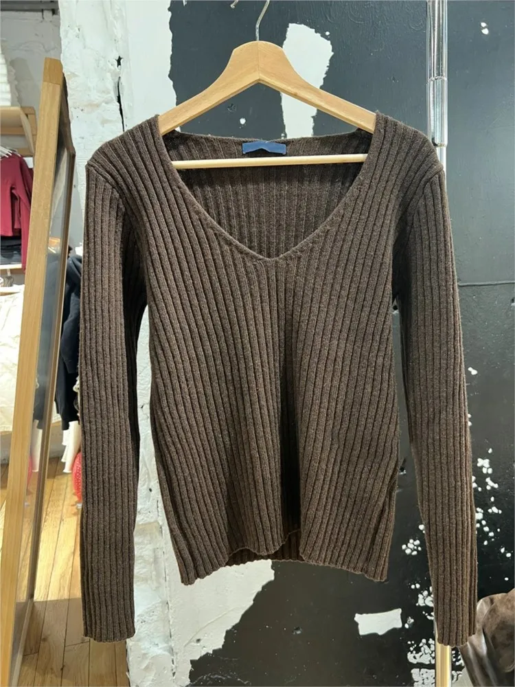 Nieuwe Amerikaanse Vintage Bruine Trui Vrouwen Herfst V-hals Lange Mouw Slanke Jumper Zoete Streetwear Preppy Stijl Katoenen Truien Y2K