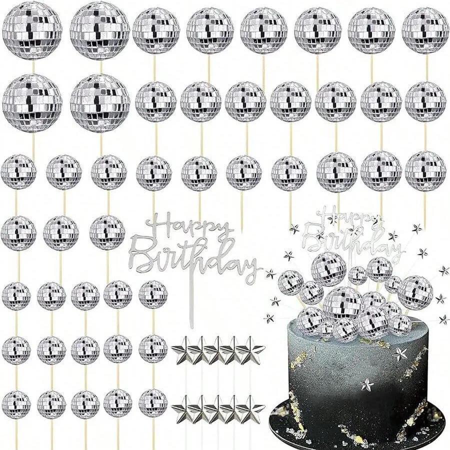 35PCS DIY Disco Ball Cupcake Toppers Acrylic Happy Birthday Cake Topper Cake Centerpiece Decor Disco Theme Cake for Disco Party