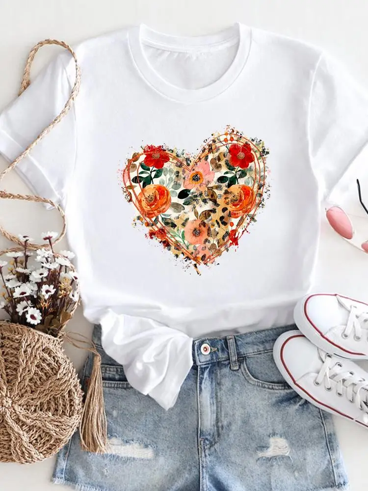 

Women Love Heart Graphi Printing T-Shirt Cartoon Ladies Streetwear Style Fashion Clothes O-Neck Harajuku Aesthetic Top Female T