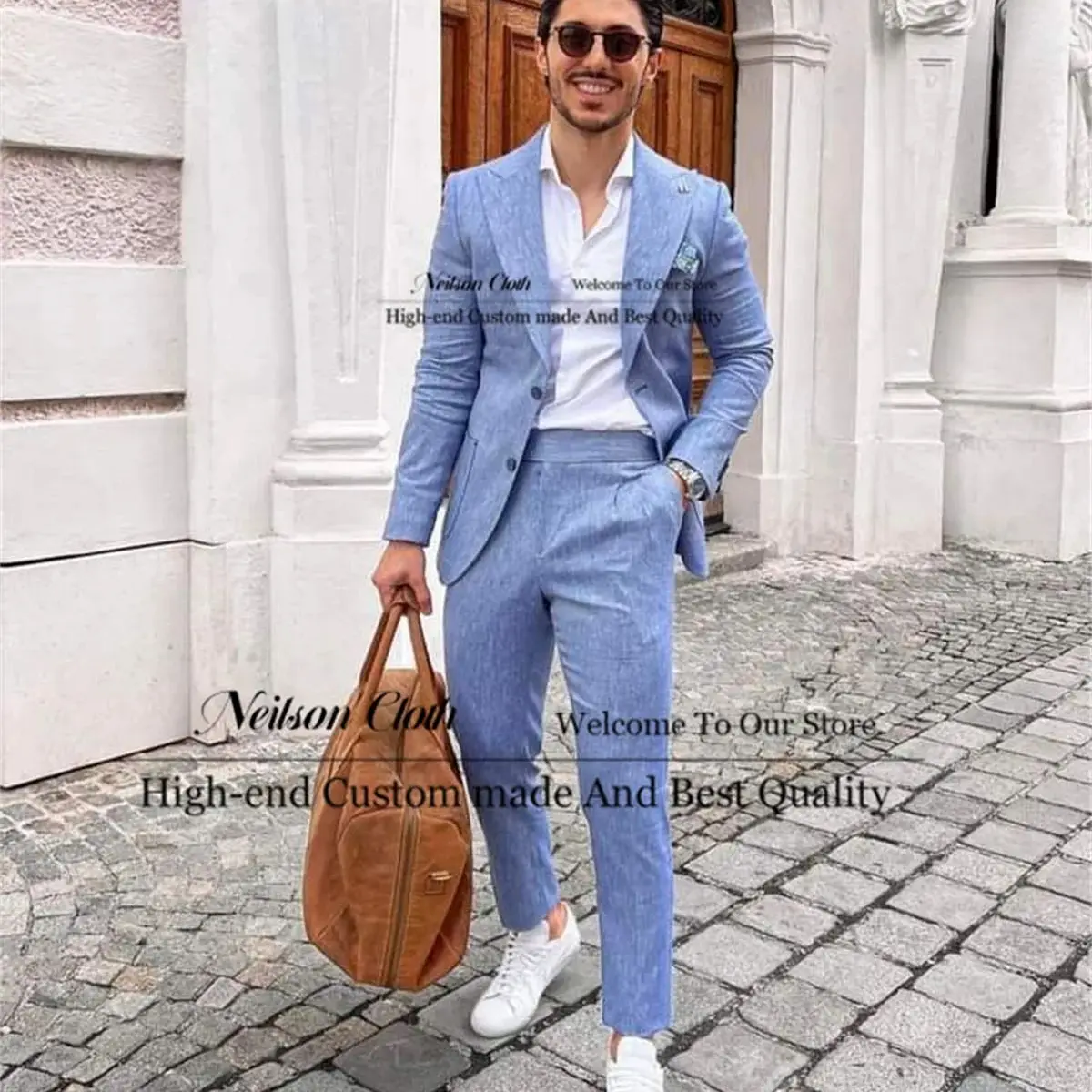 

Formal Sky Blue Male Prom Blazers 2 Pieces Sets Linen Groom Wedding Tuxedos Slim Fit Peaked Lapel Business Terno Masculino