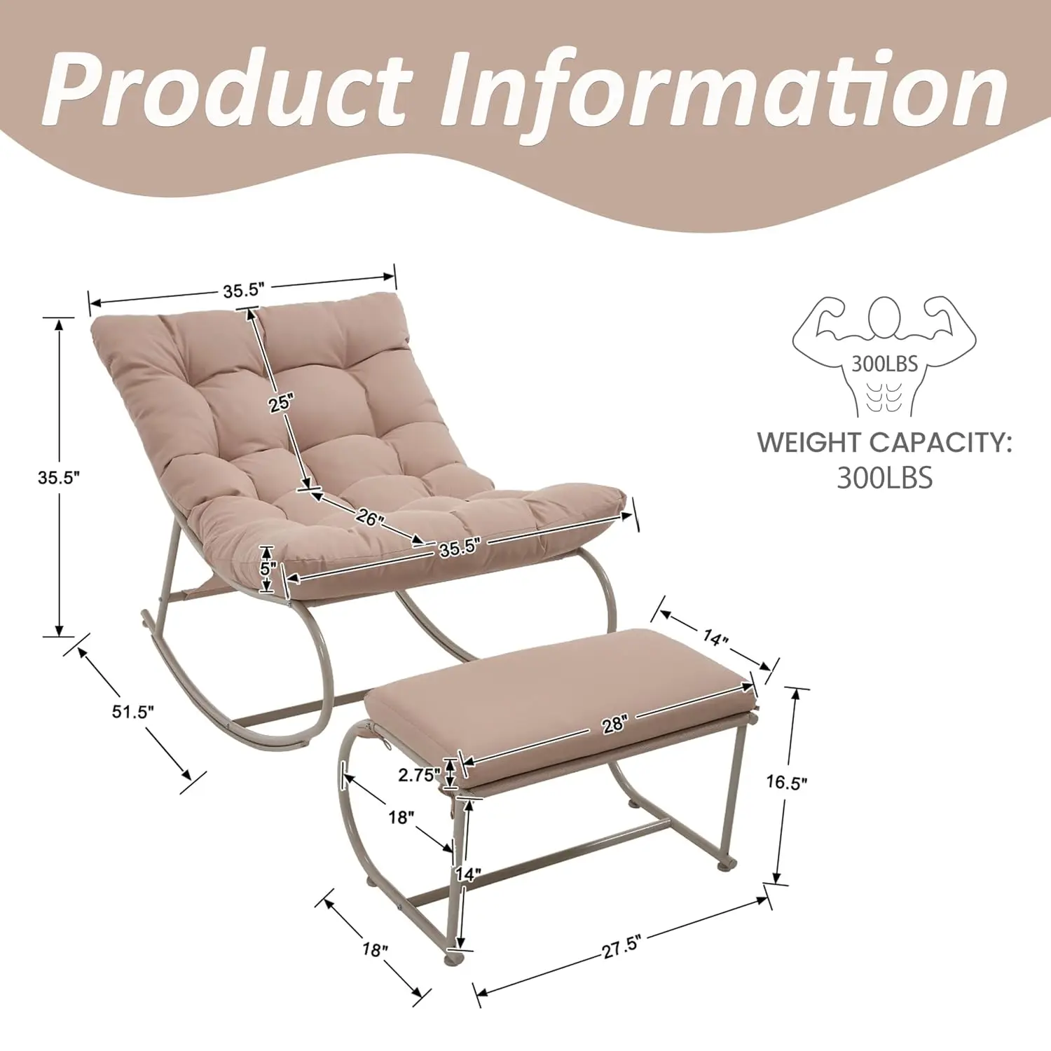 Double Papasan Rocking Chair 2-Pack with Ottoman, Egg Lounge Chair with Thick Cushion, Outdoor Furniture for Porch, Customized