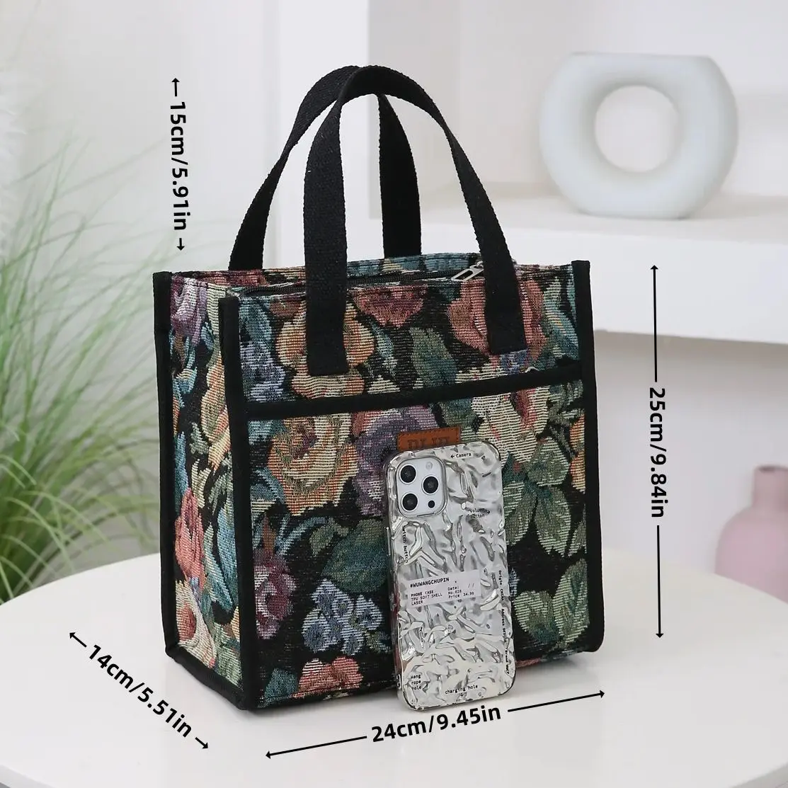 New, Thickened Knitted Jacquard Fabric, Tote Bag, Bento Bag, Aluminum Foil Insulation to Bring Lunch Box Storage Bag to Work