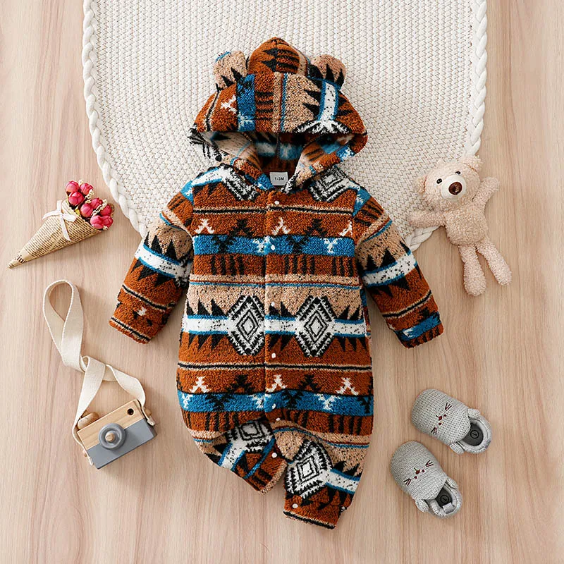 Newborn Baby Romper Winter Christmas 0-18 months Grid Ethnic Fair Isle Style Hooded with Ears Long Sleeve Newborn One Piece Suit