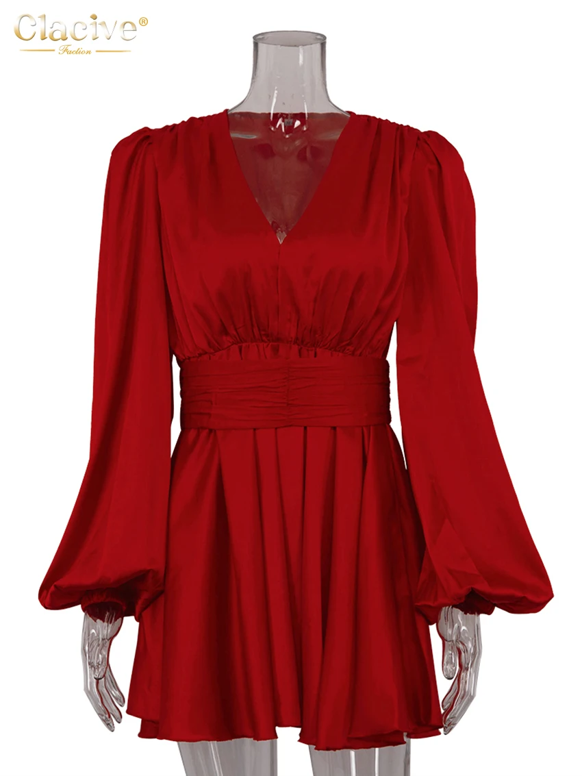 Clacive-vestido de satén rojo suelto para mujer, con cuello en V profundo minivestido Sexy, manga abombada, elegante, cintura alta, plisado