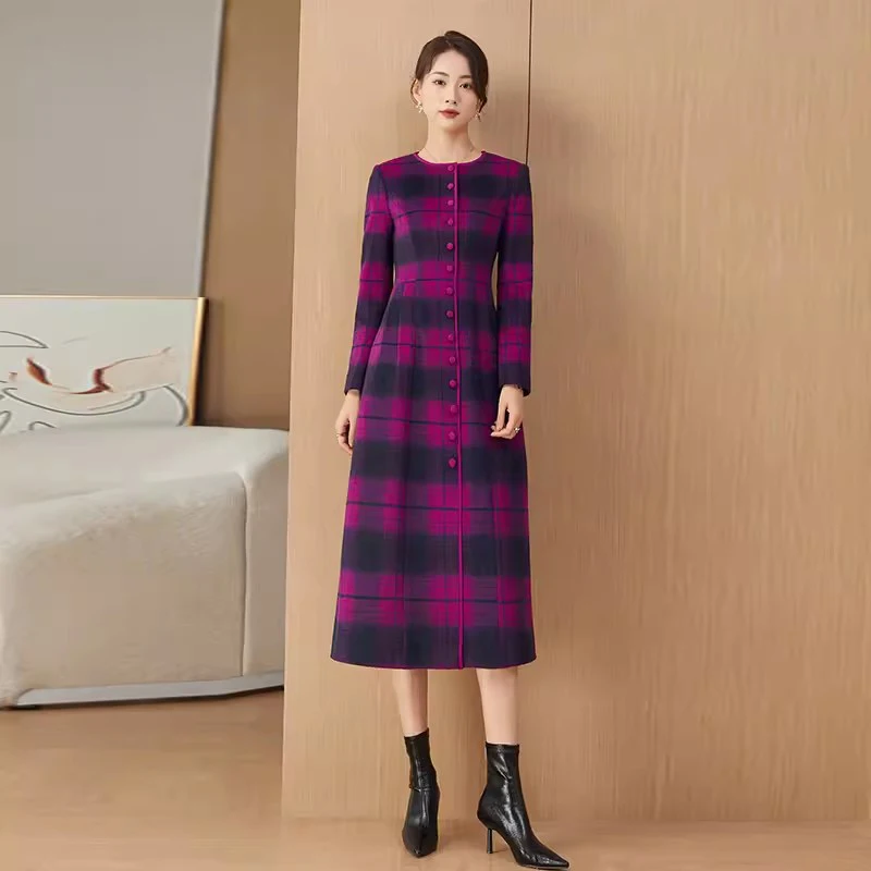 

New Women Wool Blends Long Dress Autumn Winter Fashion Vintage Single Breasted O-Neck Long Sleeve Slim Plaid Woolen Dress