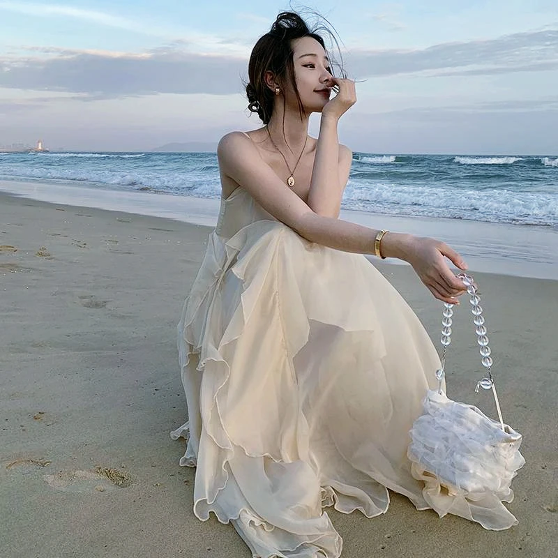 Spring Summer Suspender Chiffon Beach Style Dress Spaghetti Strap Slash Neck Solid Robes Sexy Elegant Backless Dress for Women